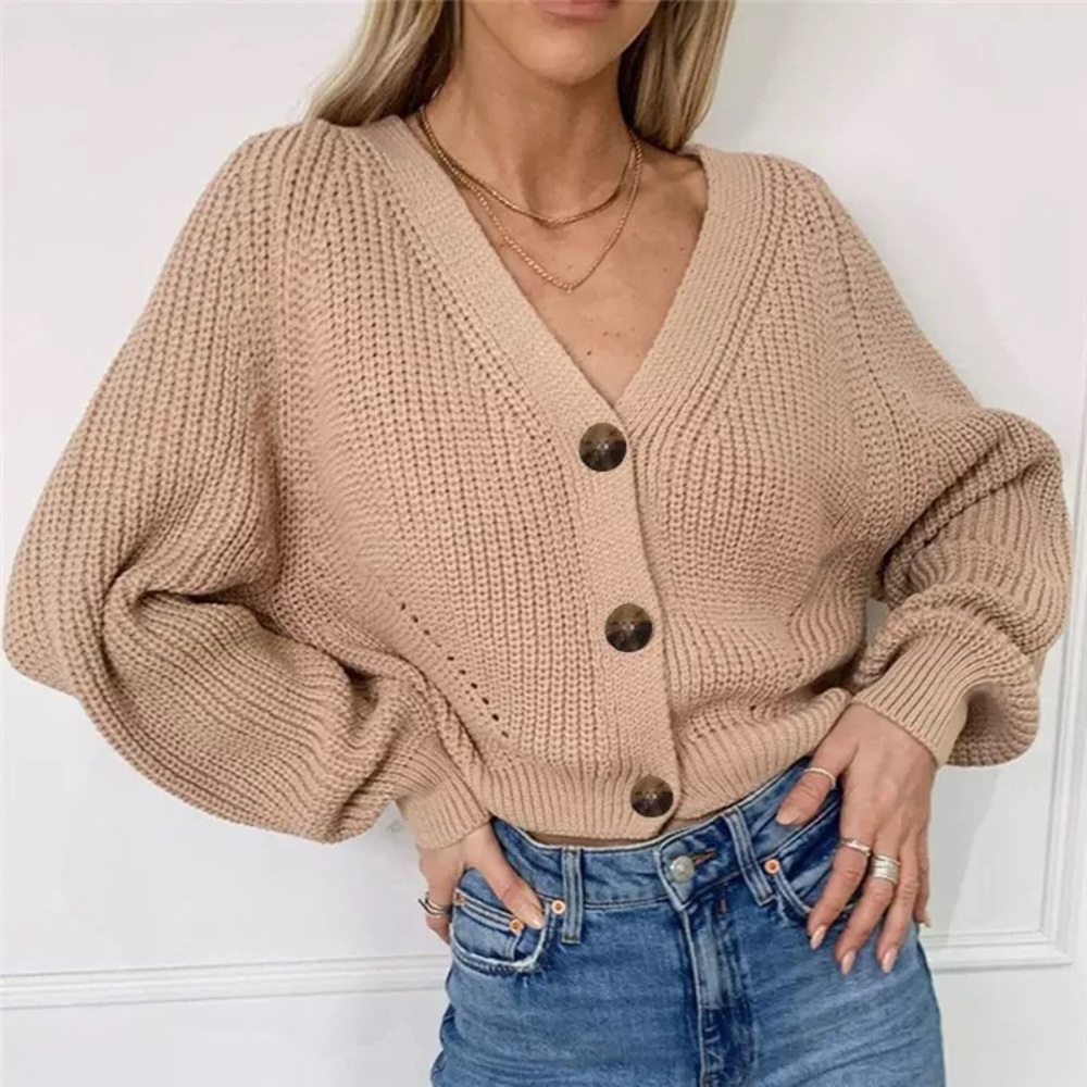 NEW Tan Khaki Knitted V-neck Cardigan